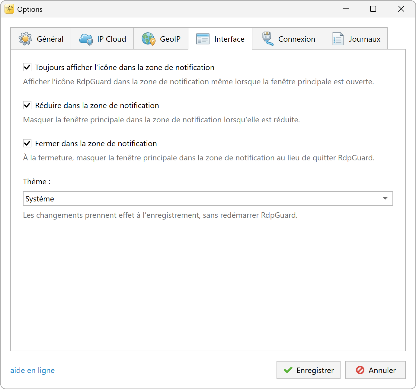 Options d'interface : zone de notification et thème