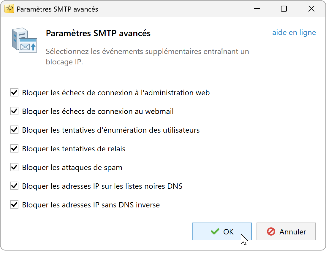 Paramètres SMTP avancés avec les sept catégories d'événements supplémentaires activées