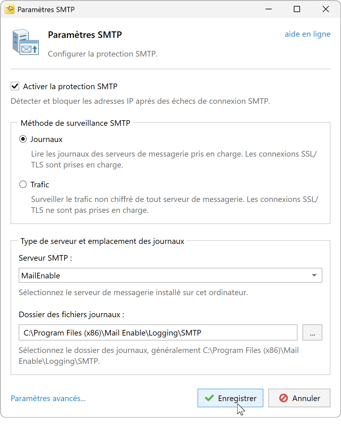Paramètres SMTP avec la méthode Journaux et un dossier de journaux SMTP MailEnable
