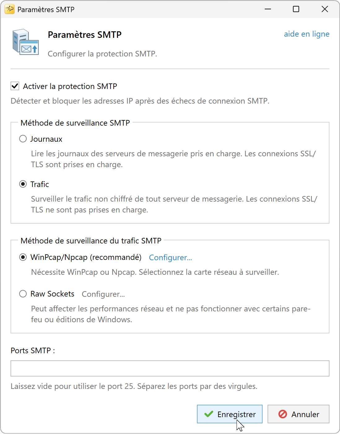 Paramètres SMTP avec Trafic et WinPcap/Npcap sélectionnés et le champ Ports SMTP vide