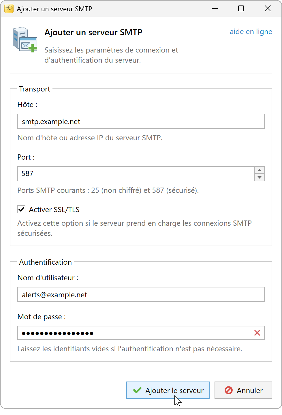 Fenêtre Ajouter un serveur SMTP