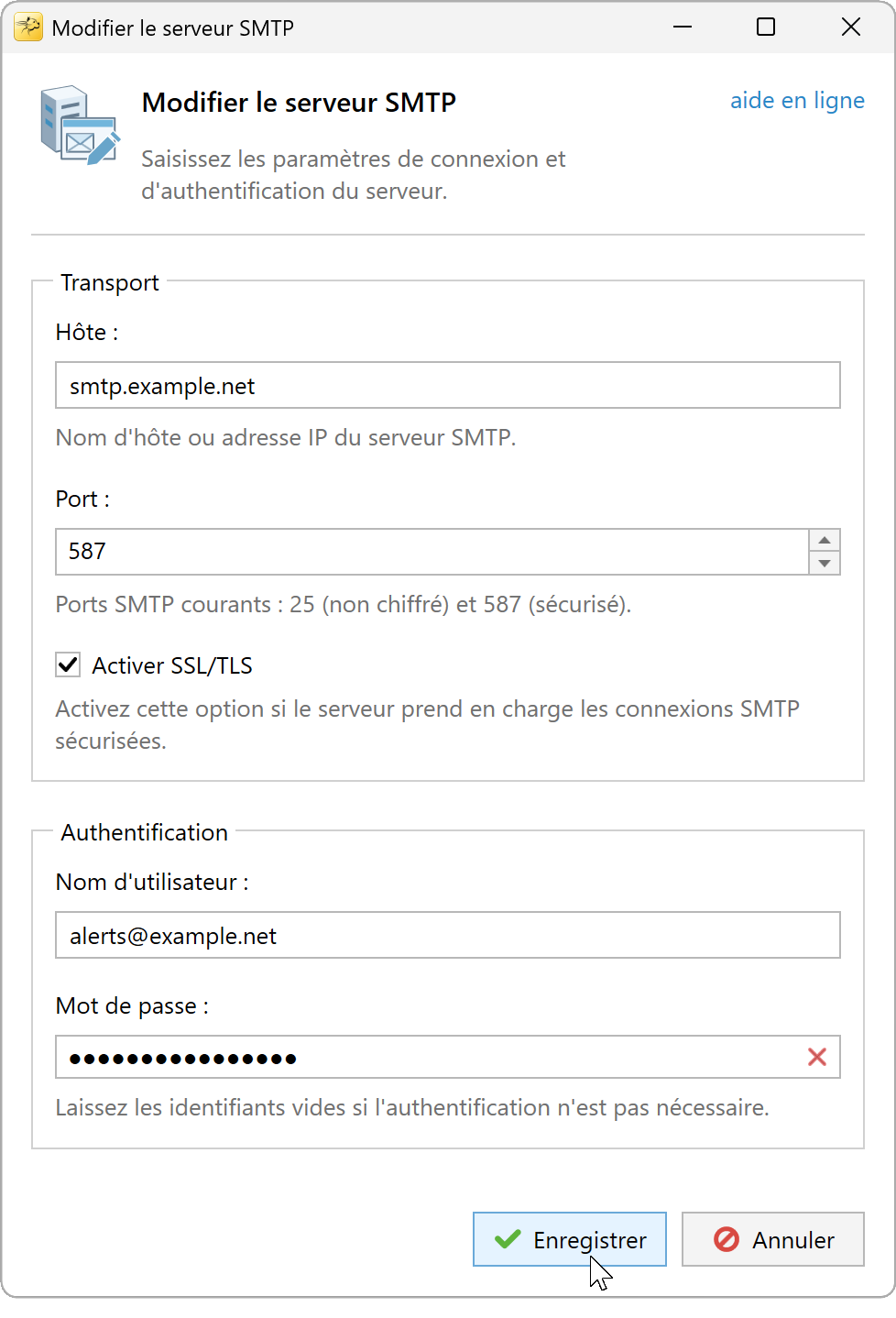 Fenêtre Modifier le serveur SMTP