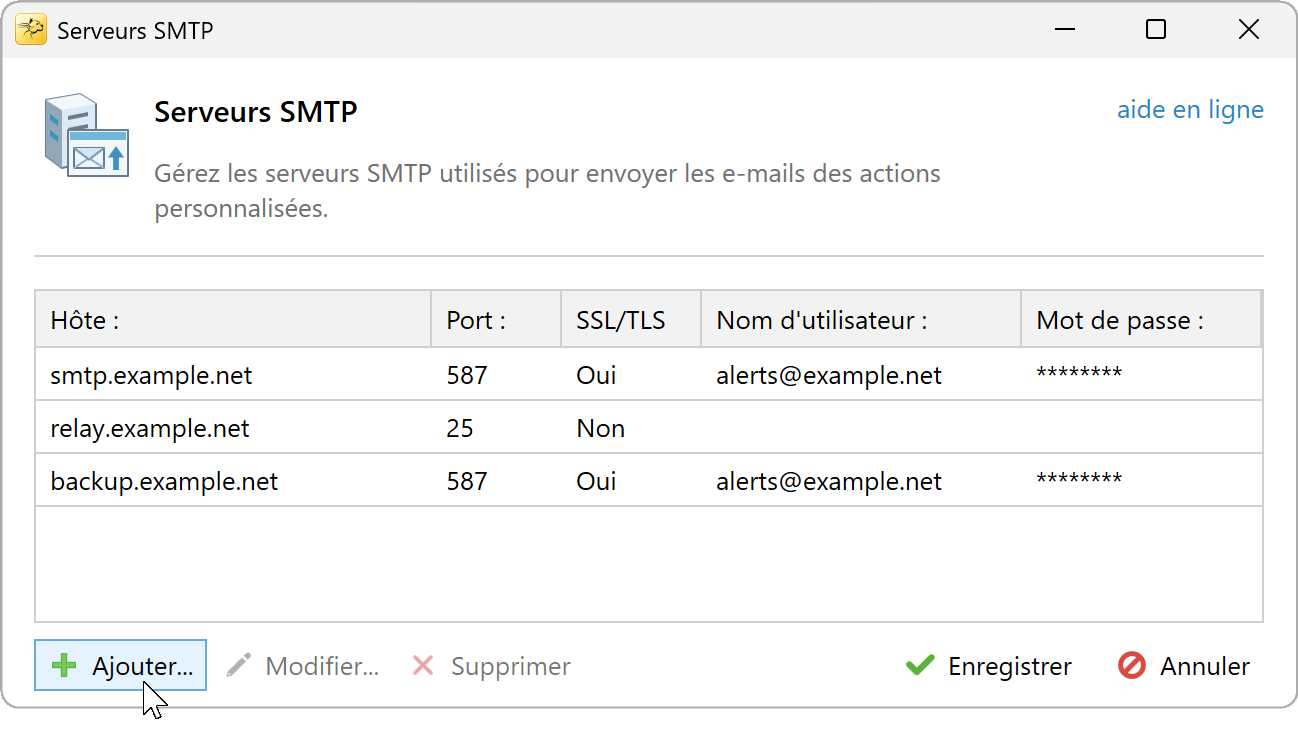 Cliquer sur Ajouter dans la fenêtre Serveurs SMTP