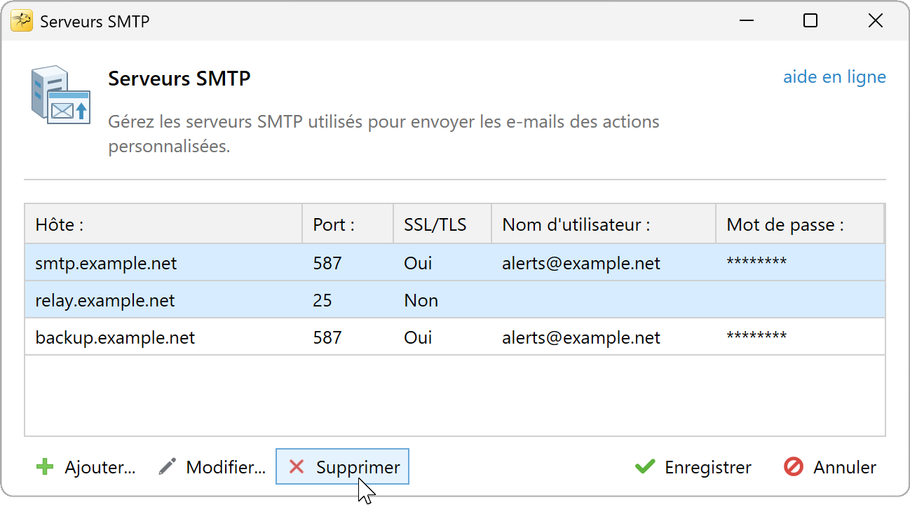 Sélectionner des serveurs SMTP et cliquer sur Supprimer
