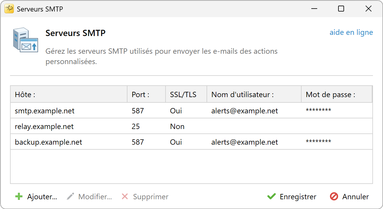 Fenêtre Serveurs SMTP