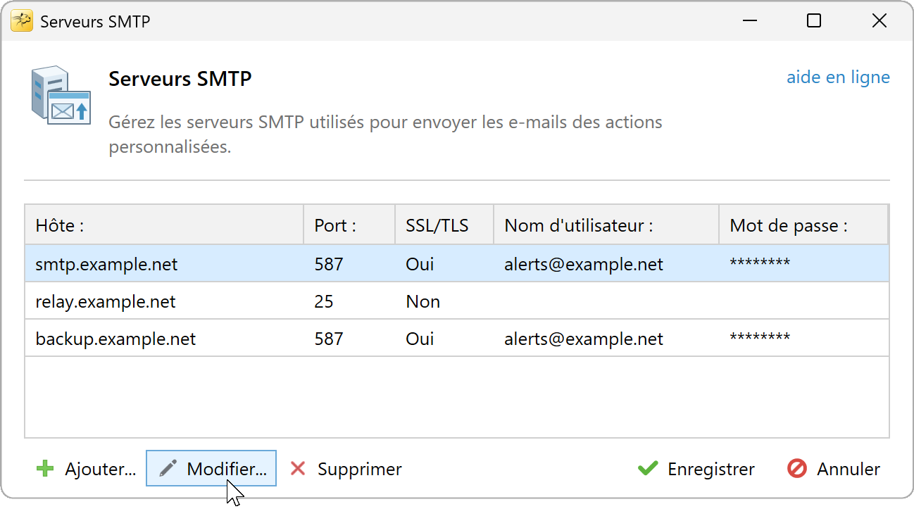 Sélectionner un serveur SMTP et cliquer sur Modifier