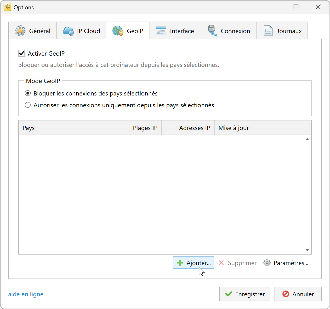 Paramètres GeoIP en mode Refus avec le bouton Ajouter sélectionné