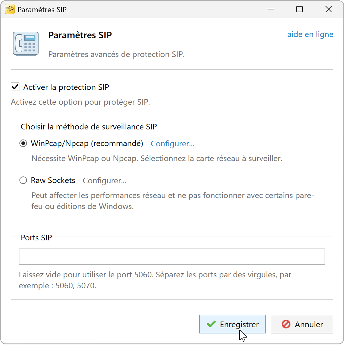 Paramètres SIP avec protection activée, WinPcap/Npcap sélectionné et ports SIP par défaut