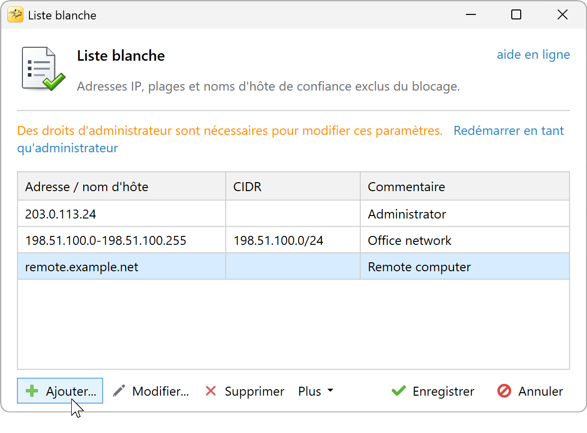 Liste blanche avec une adresse IP, une plage IP et un nom d'hôte DNS