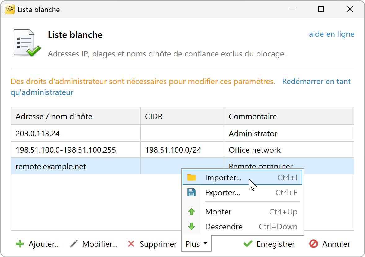 Menu Plus de la liste blanche avec les commandes Importer et Exporter