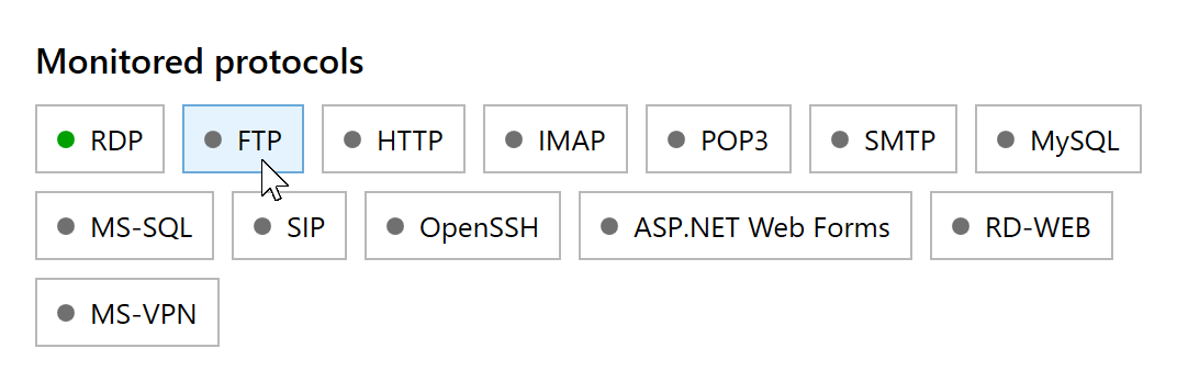 FTP button in the Monitored protocols section of RdpGuard Dashboard