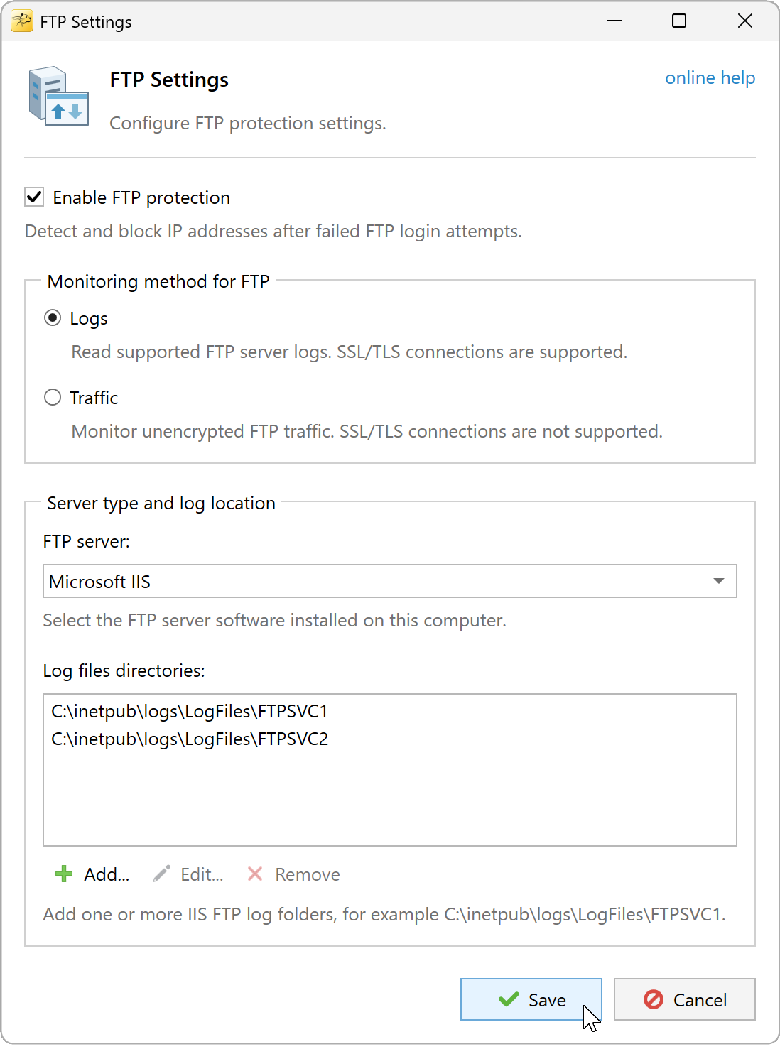 FTP Settings with Logs selected and two Microsoft IIS FTP log folders