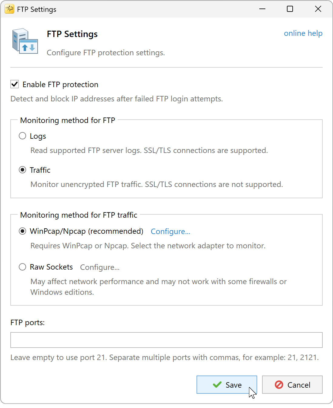 FTP Settings with Traffic and WinPcap/Npcap selected and the FTP ports field empty