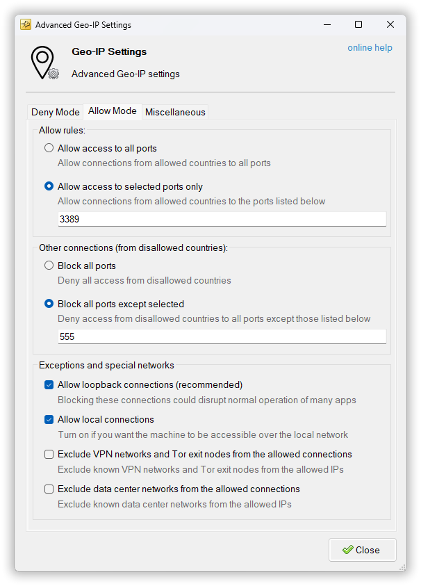 Advanced Settings dialog, Allow Mode tab
