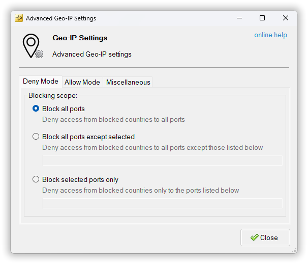 Advanced Settings dialog, Deny Mode tab