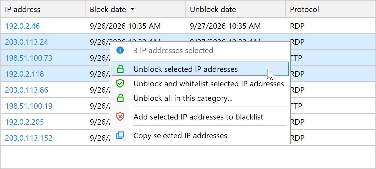 Unblock multiple IP addresses
