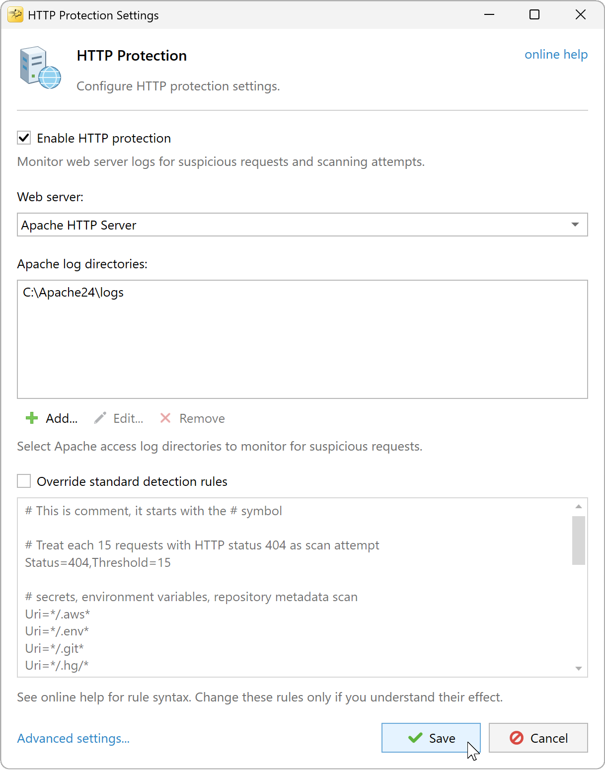 HTTP Protection Settings for Apache HTTP Server with an example access log directory
