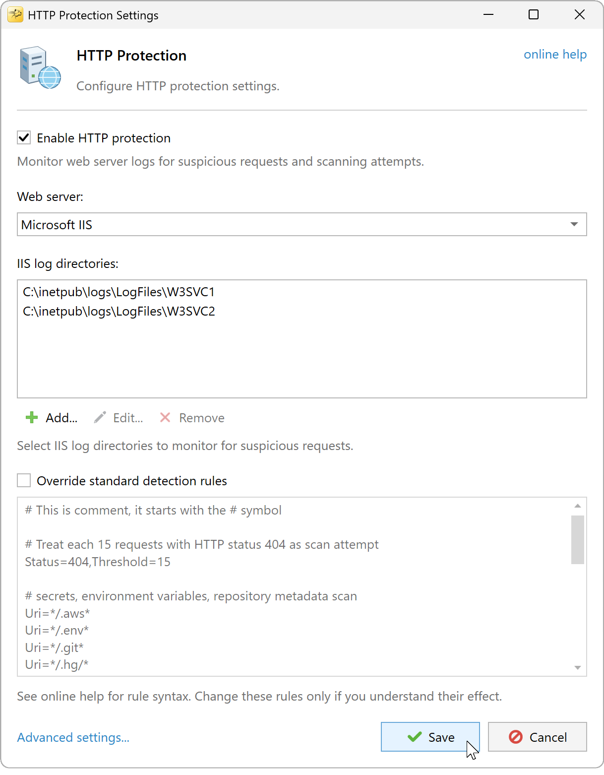 HTTP Protection Settings for Microsoft IIS with two site log folders and standard detection rules