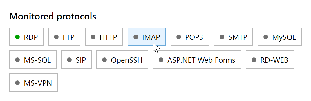 Disabled IMAP button in the Monitored protocols section of RdpGuard Dashboard