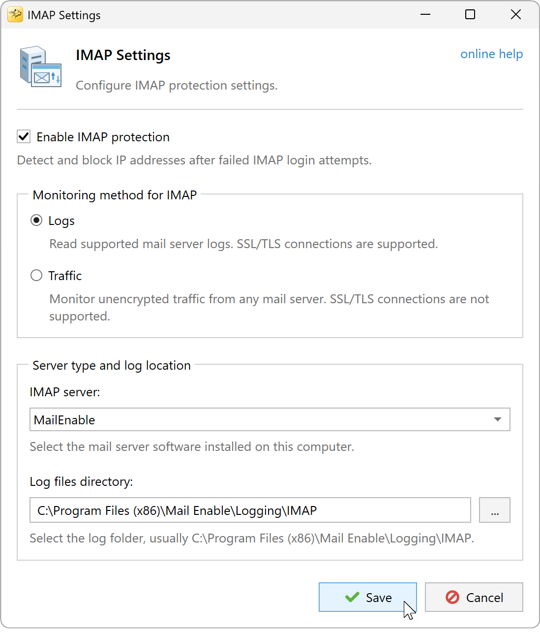 IMAP Settings with Logs selected and a MailEnable IMAP log folder