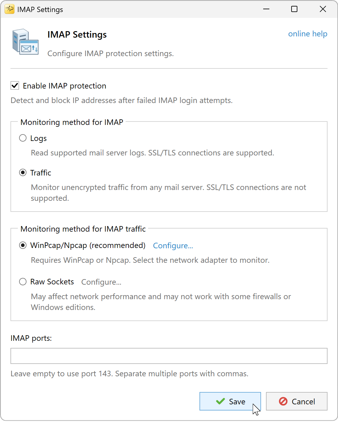 IMAP Settings with Traffic and WinPcap/Npcap selected and the IMAP ports field empty