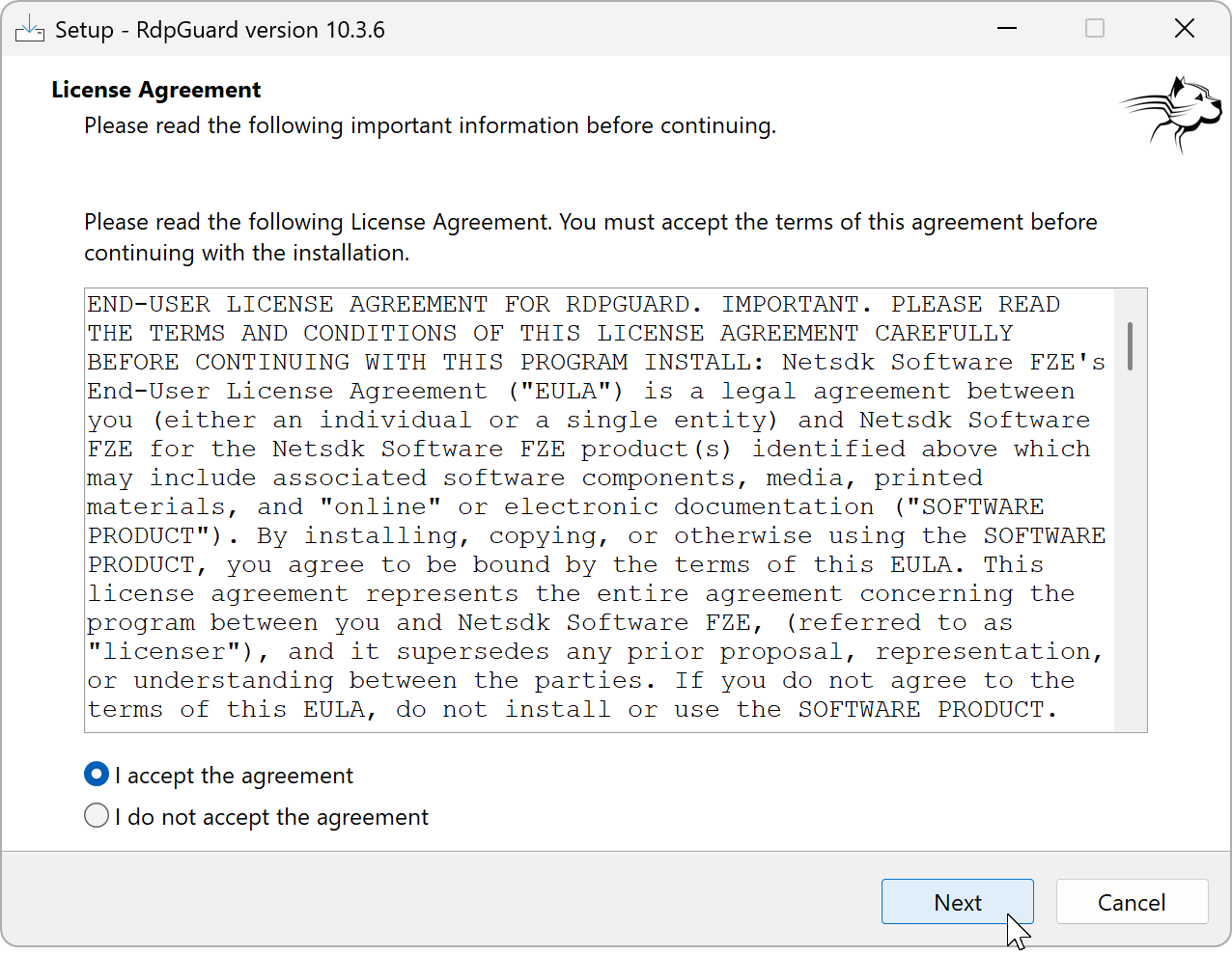 RdpGuard Setup license agreement with I accept the agreement selected