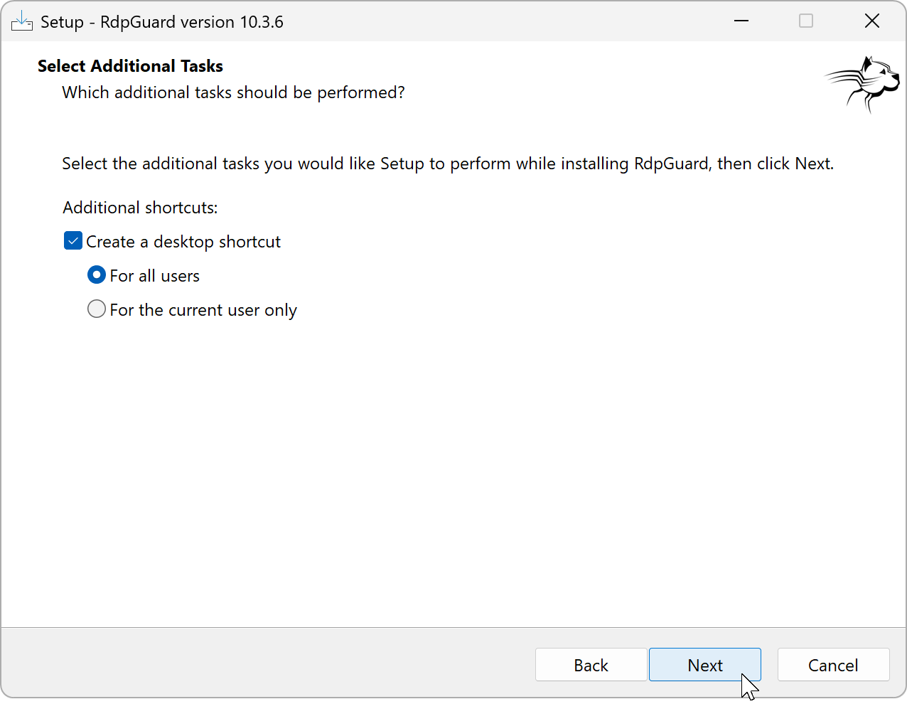 RdpGuard Setup options for creating a desktop icon