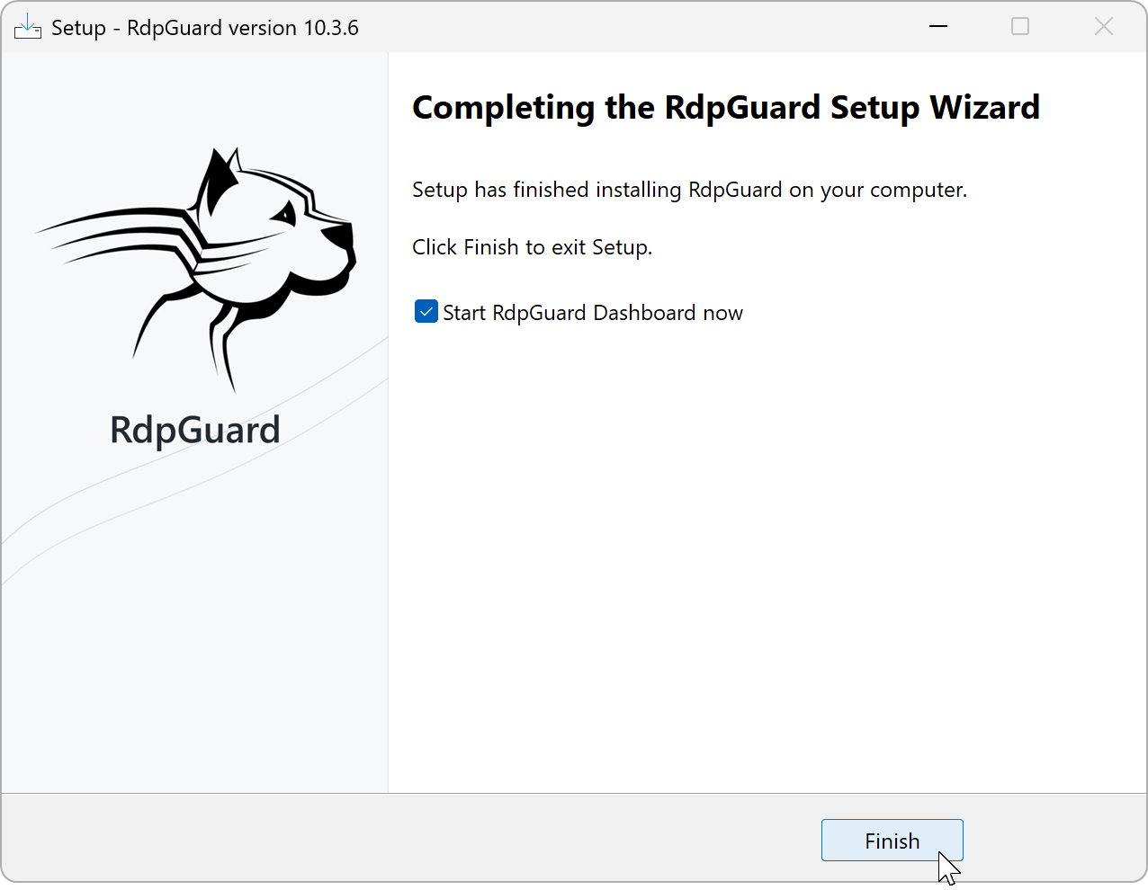 Completed RdpGuard Setup with Start RdpGuard Dashboard now selected
