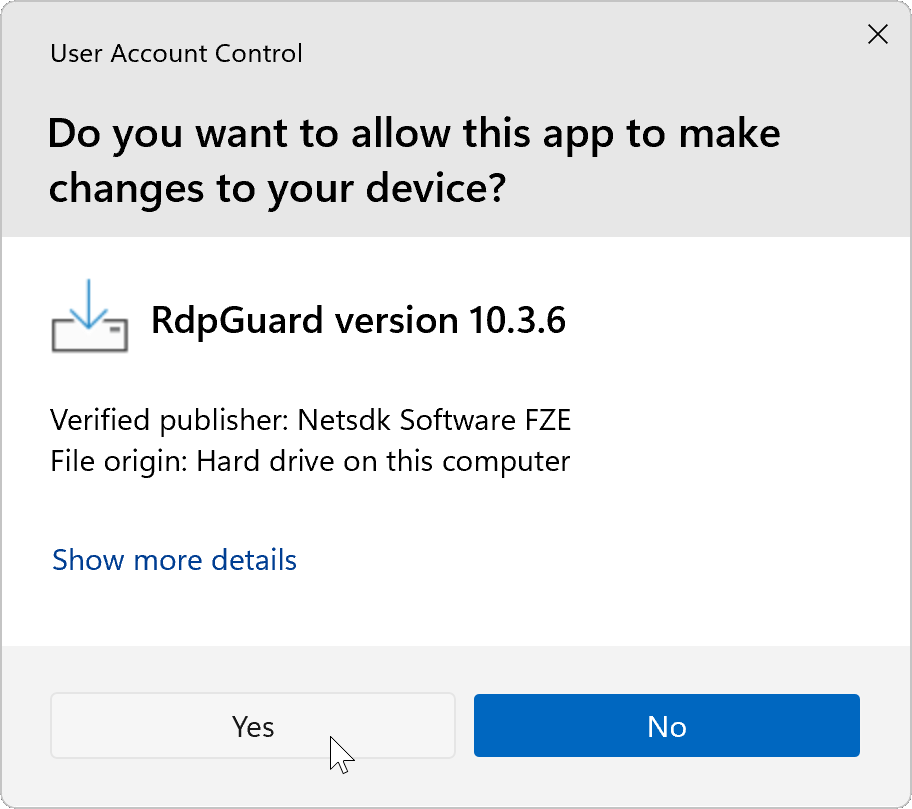 User Account Control prompt for RdpGuard, published by Netsdk Software FZE