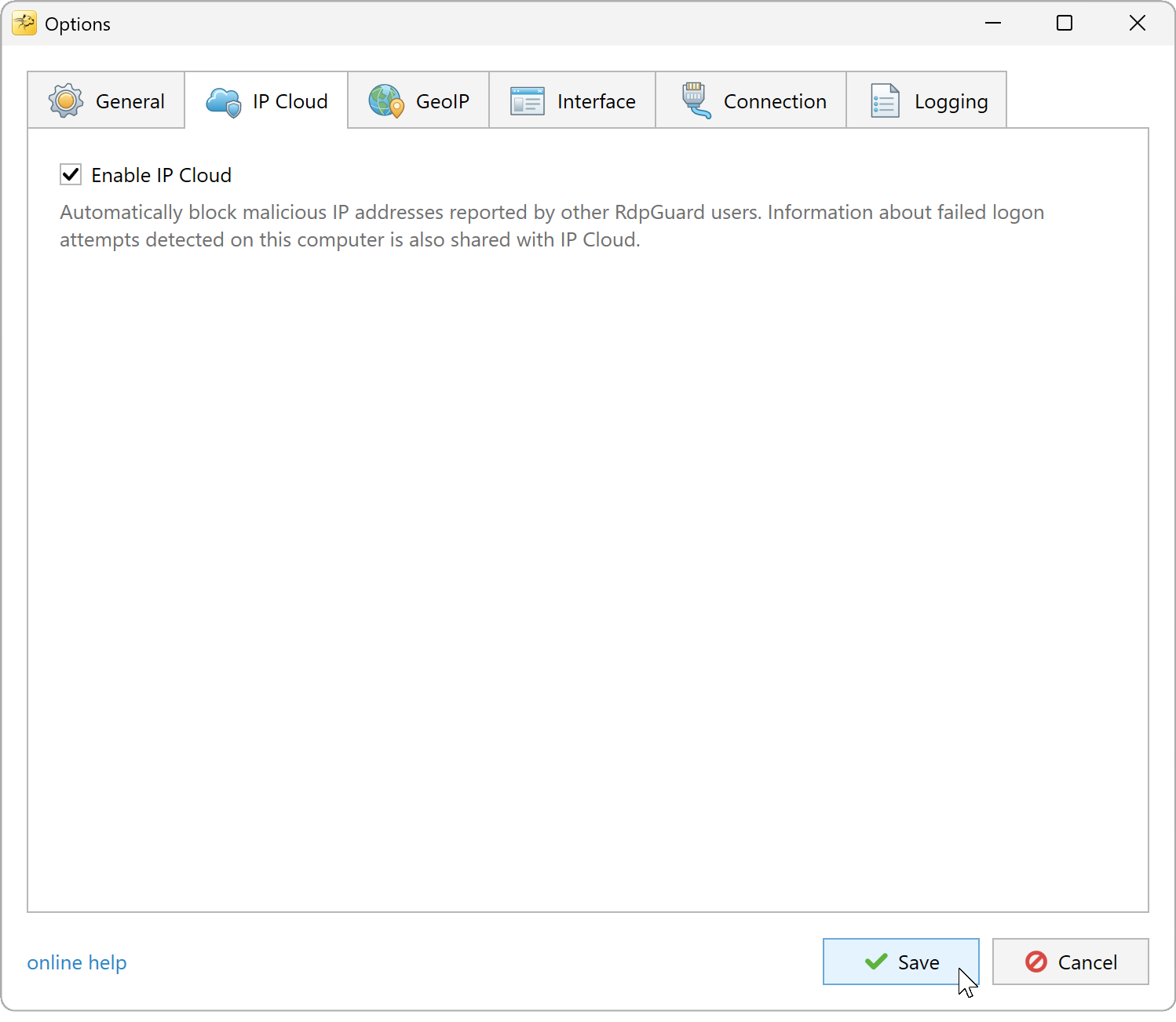 RdpGuard Options with Enable IP Cloud selected on the IP Cloud tab