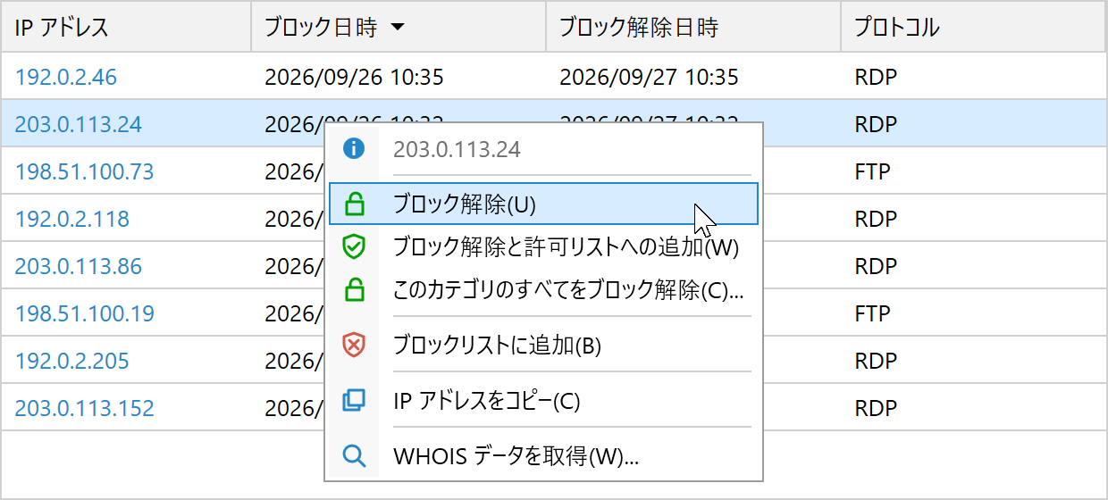 IP アドレスのコンテキストメニュー