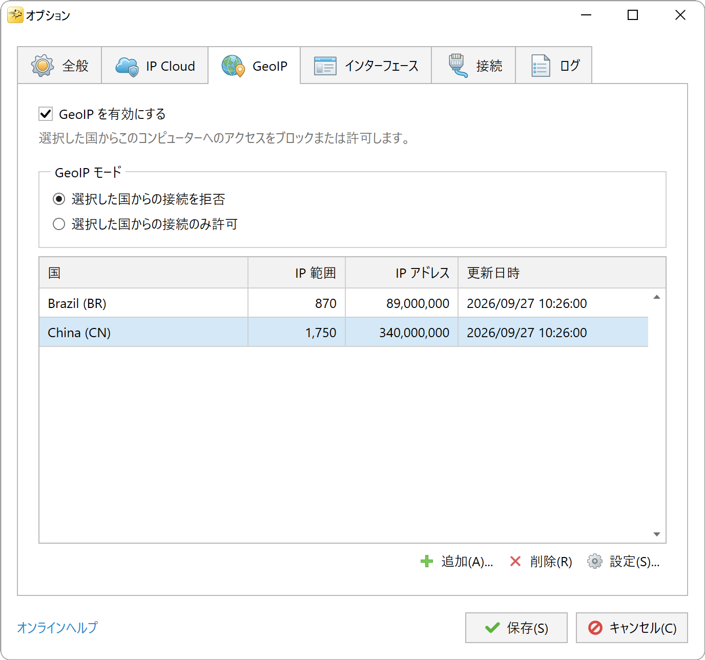 国別ブロックを設定した GeoIP オプション