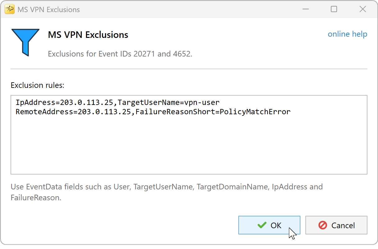 MS VPN exclusion rules limited to a specific source IP and event details