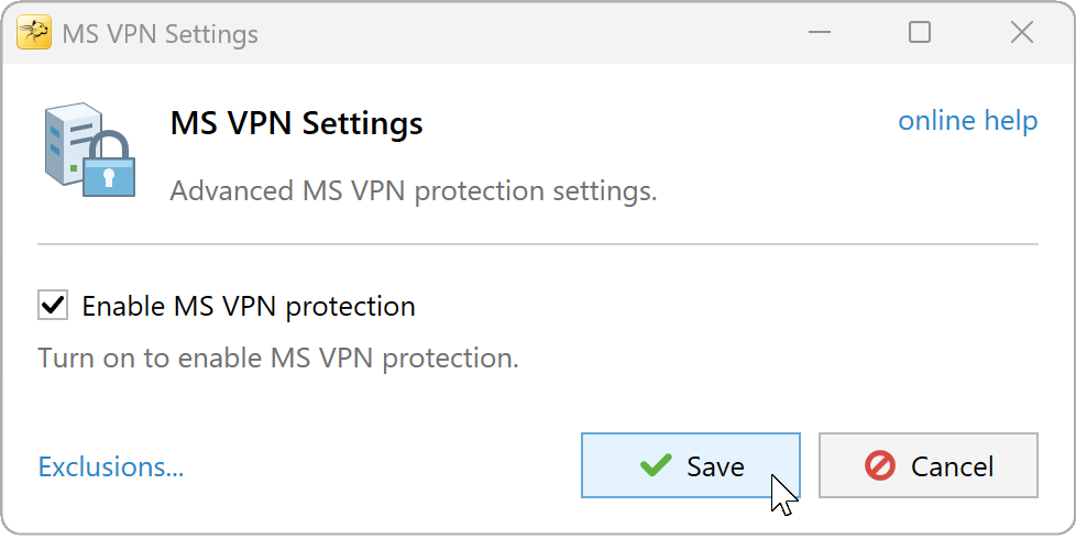 MS VPN Settings with protection enabled