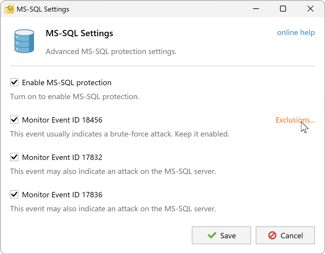 Exclusions link next to Event ID 18456 in MS-SQL Settings
