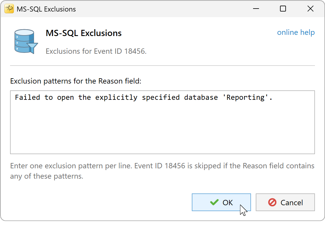 MS-SQL Exclusions dialog with an example text pattern for a database access failure