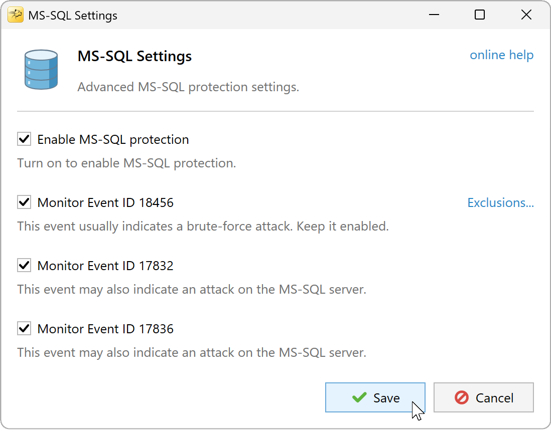 MS-SQL Settings with protection enabled and events 18456, 17832 and 17836 selected