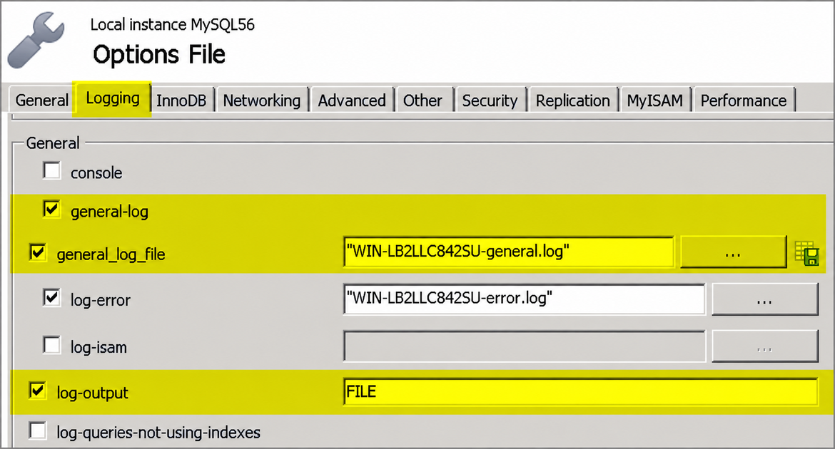 MySQL-Workbench-Registerkarte Logging mit hervorgehobenem general-log, general_log_file und log-output