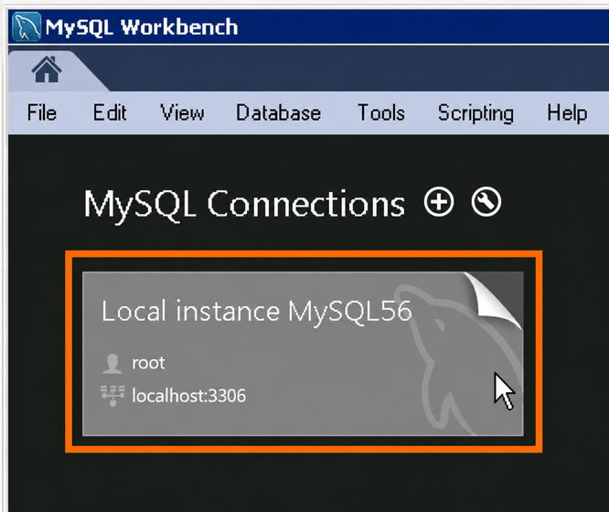 MySQL-Workbench-Startbildschirm mit hervorgehobener lokaler Serververbindung