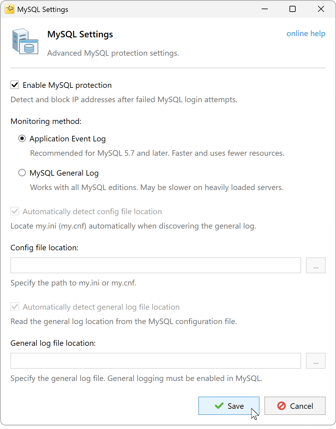 MySQL Settings with Application Event Log selected and general-log options disabled