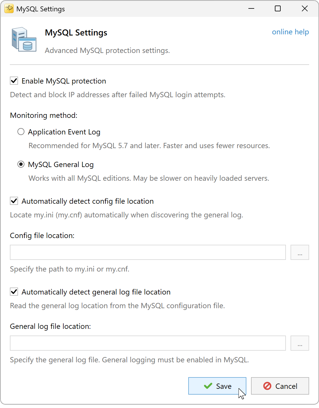 MySQL Settings with MySQL General Log selected and automatic discovery enabled