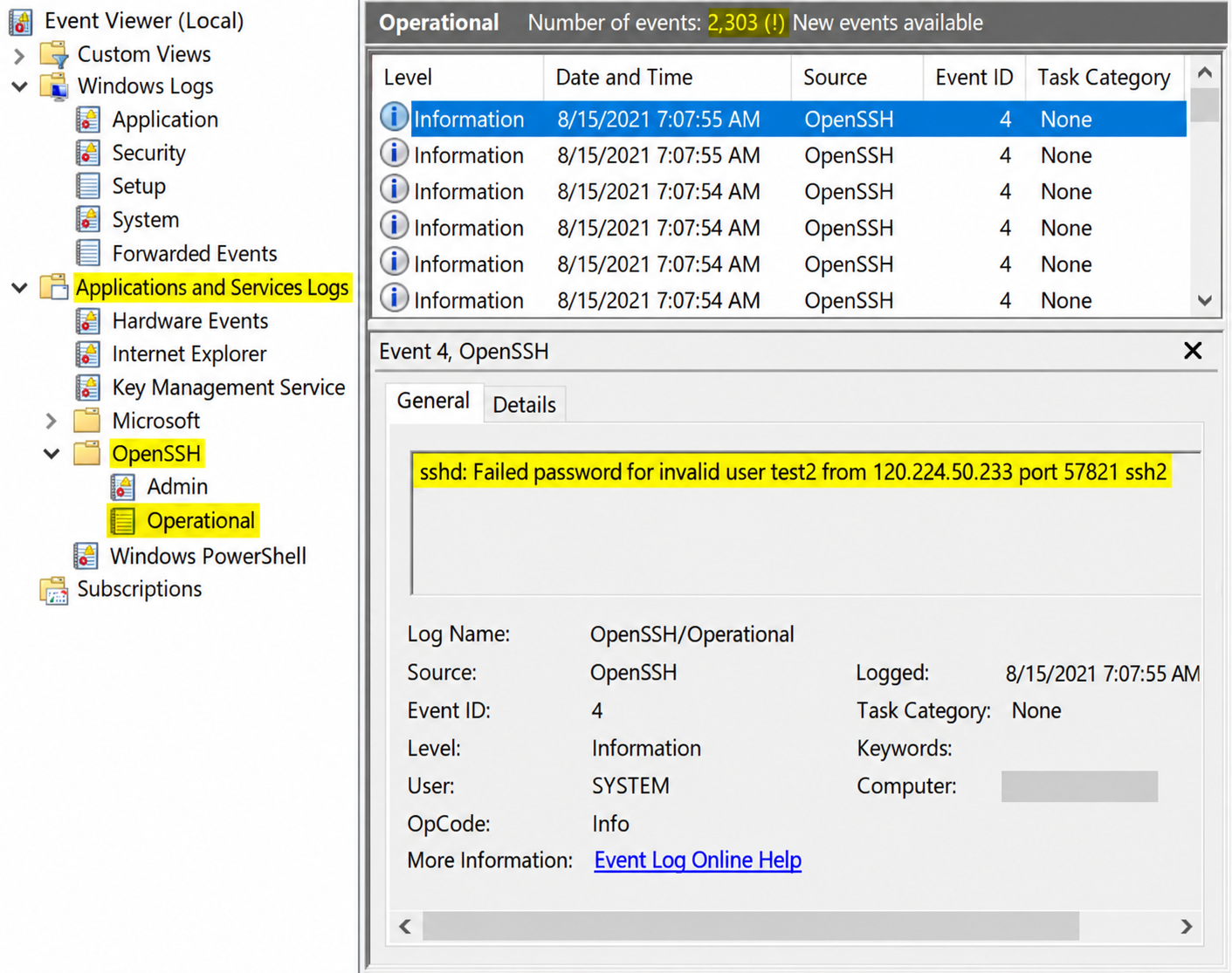 OpenSSH Operational event 4 with a failed password attempt and client IP address