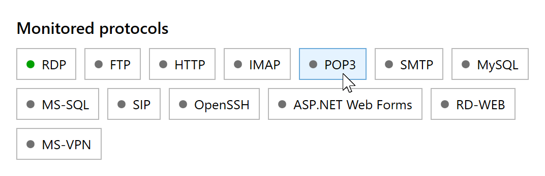 Disabled POP3 button in the Monitored protocols section of RdpGuard Dashboard