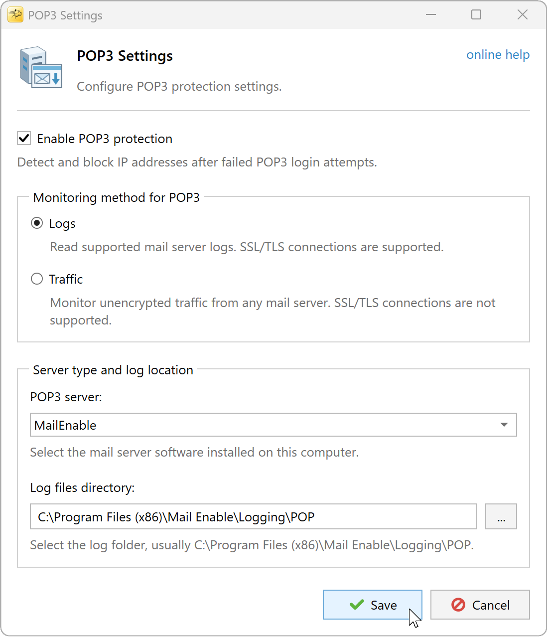 POP3 Settings with Logs selected and a MailEnable POP3 log folder