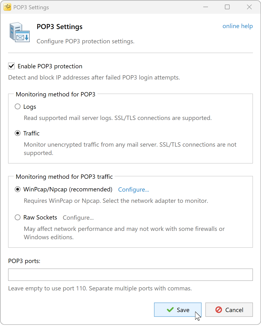 POP3 Settings with Traffic and WinPcap/Npcap selected and the POP3 ports field empty