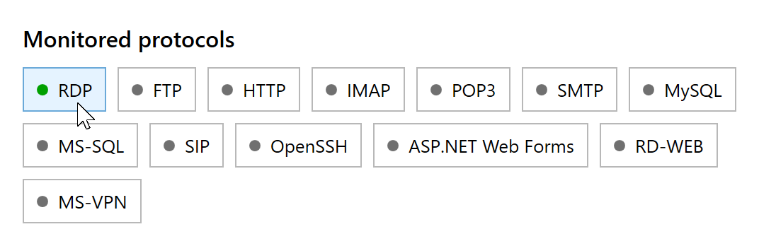 Enabled RDP protection in the Monitored protocols section of RdpGuard Dashboard