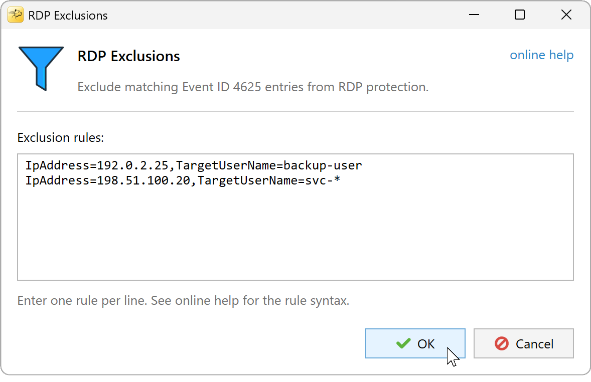 RDP Exclusions dialog with two example rules matching IP addresses and usernames