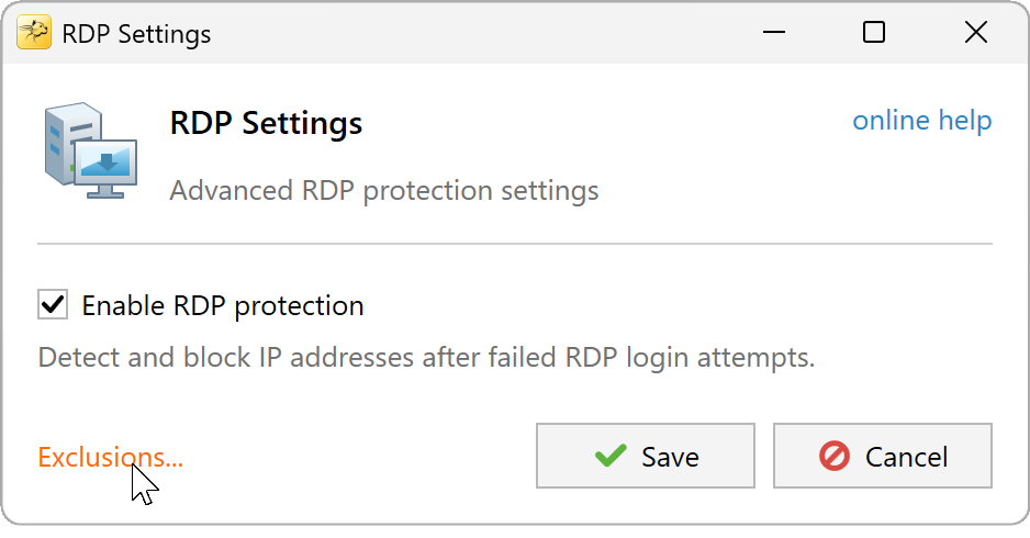Exclusions link at the bottom of the RDP Settings dialog