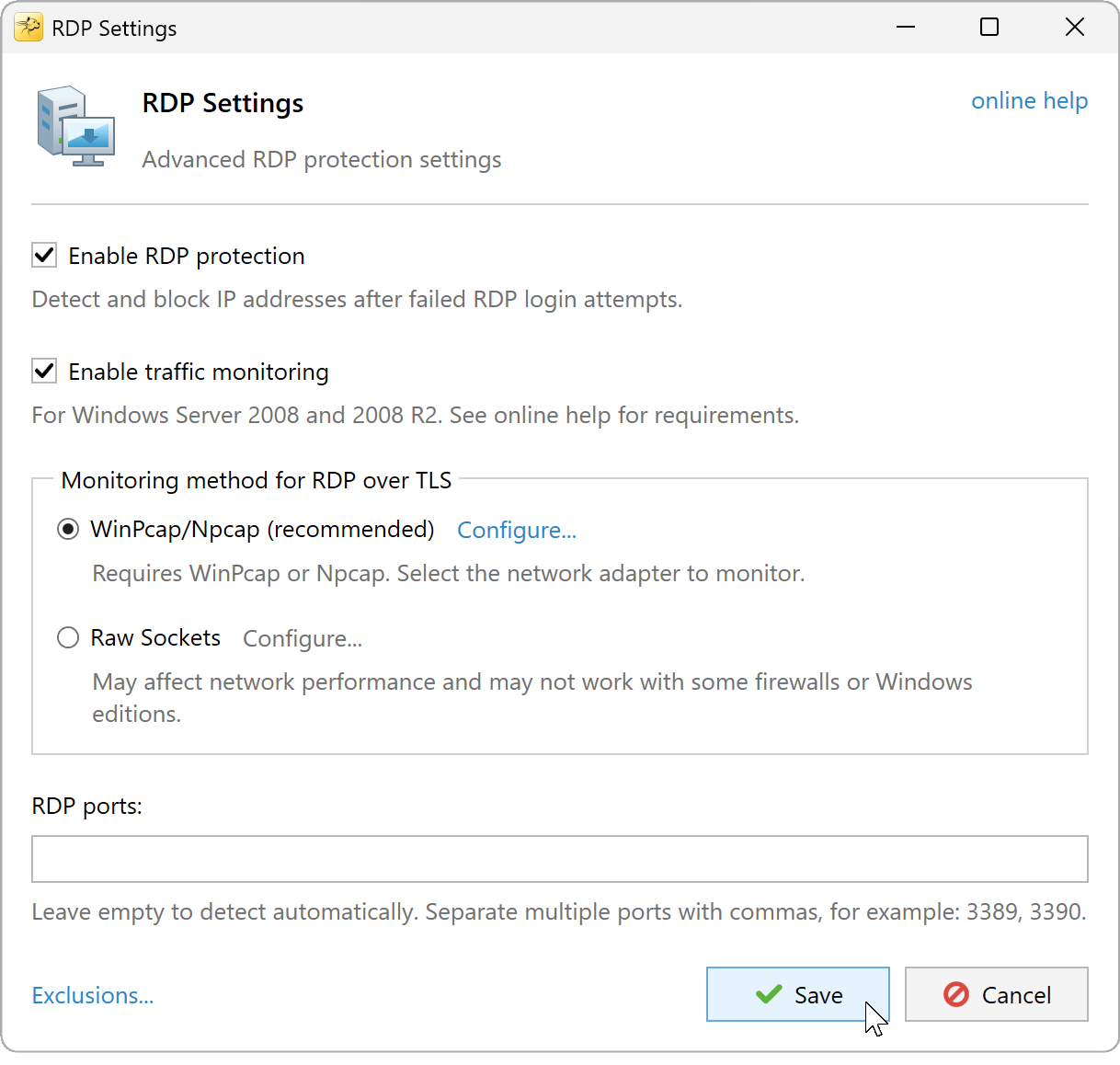 RDP Settings with traffic monitoring enabled and WinPcap selected for Windows Server 2008