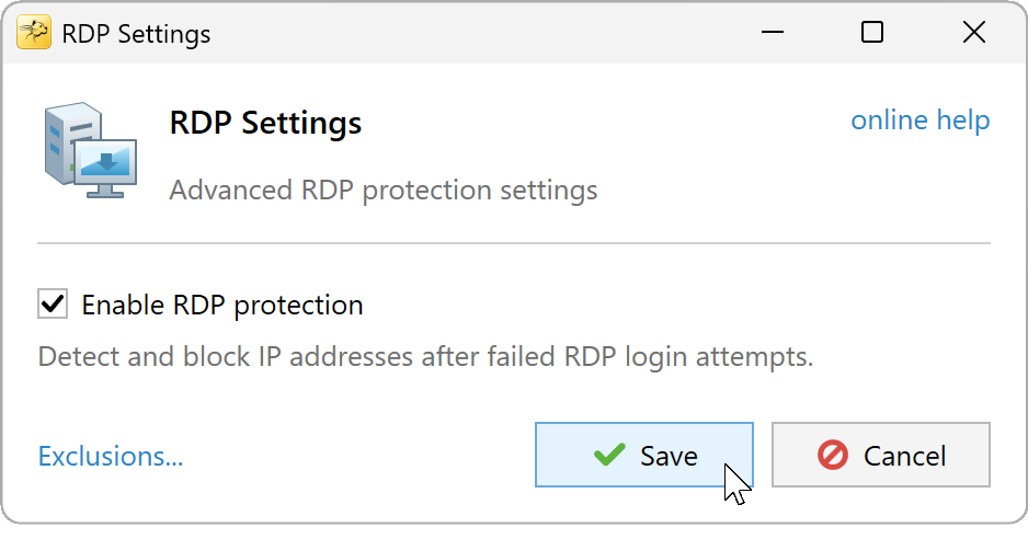 RDP Settings dialog with Enable RDP protection selected
